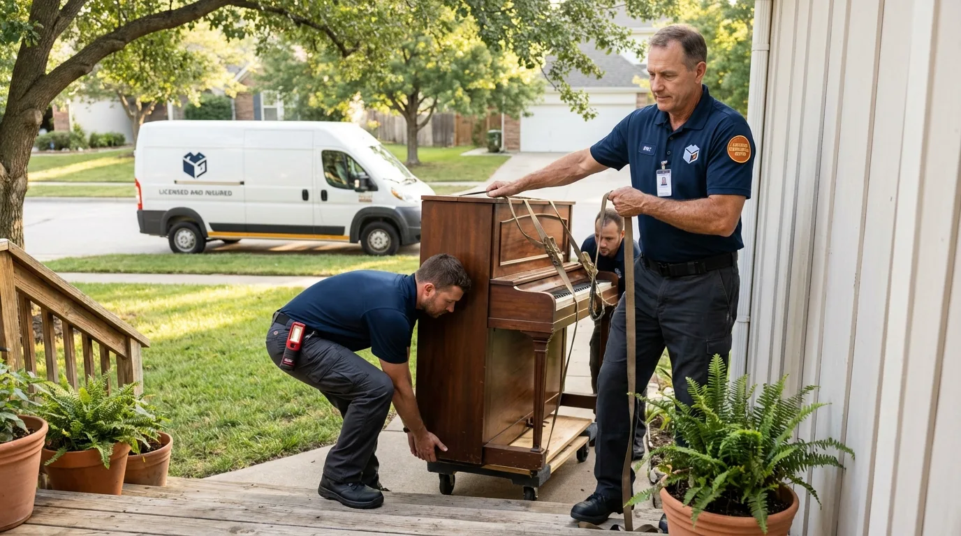 Licensed piano movers securing grand piano in Marathon, FL