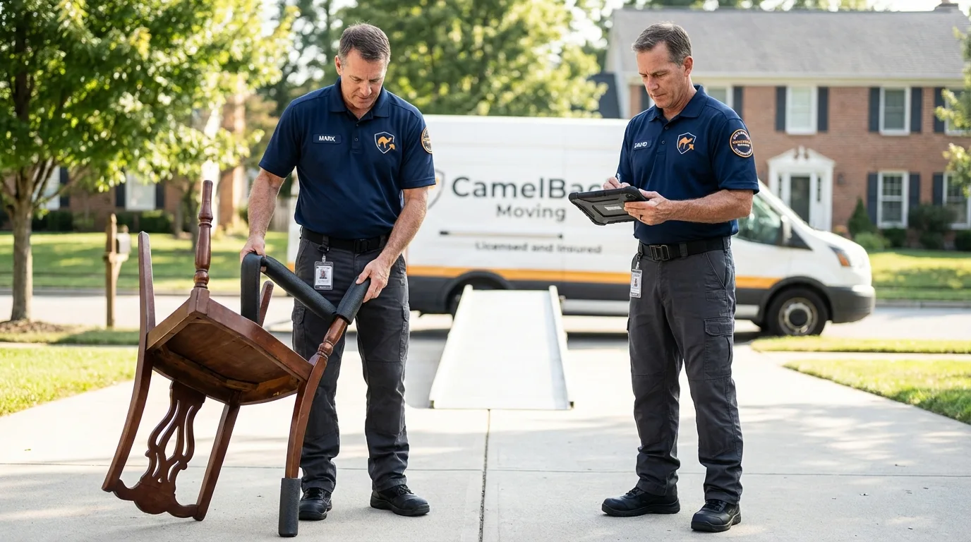 Movers inspecting furniture for damage prevention before loading in Marathon, FL