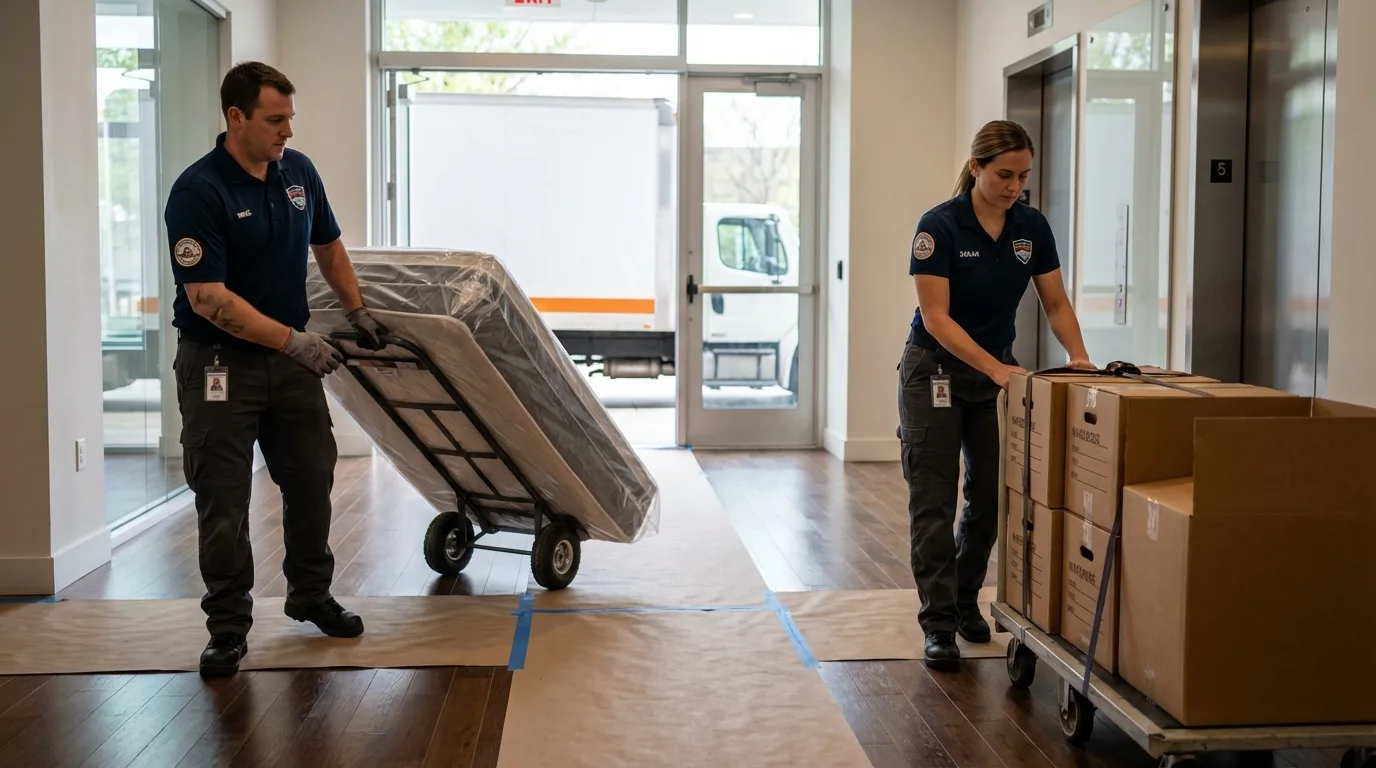 Professional apartment movers loading elevator in Marathon, FL